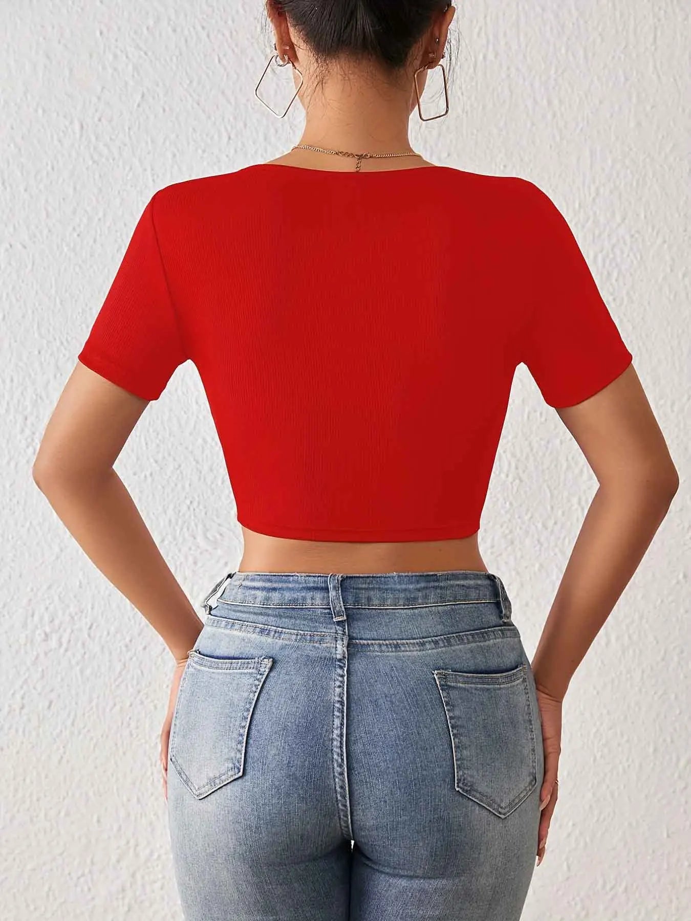 Solid Square Neck Crop T-Shirt Y2K Sexy Short Sleeve T-Shirt For Spring & Summer Women's Clothing