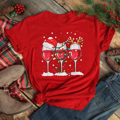 Maycaur Women Wine Glass Christmas Hats Black T Shirt Christmas Xmas Gifts Cartoon Top Tshirt Harajuku Fashion New Year T-shirt
