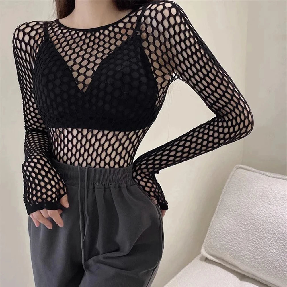 Womens Sexy Mesh Long Sleeve Fishnets Tops Fun Fashion Slim Fit Tops Hollow Out See Through Loose Female T-shirts Crop soft Top