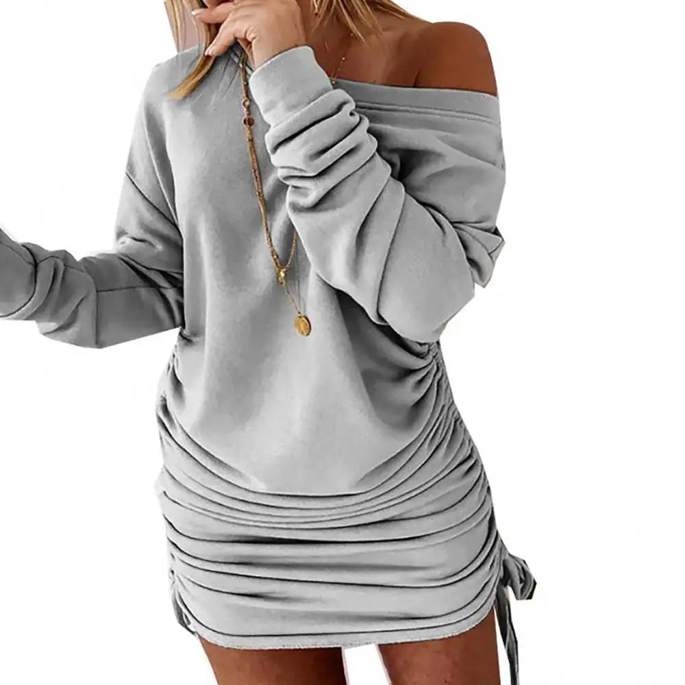 Off Shoulder Ruffled Drawstring Sexy Robe Autumn Pure Women Long Sleeve Mini Pencil Dress Sweatshirt Streetwear Dresses Female Grey
