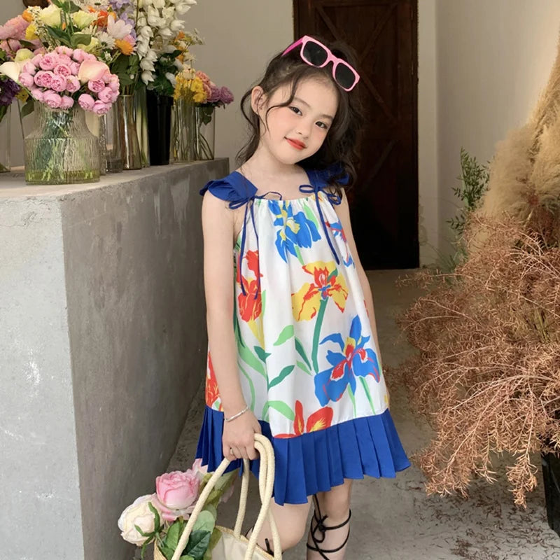 Girl Suspender Fluffy Dress Korean Style Summer Kids Flowers Printing Beach Princess Skirt Girls Breathable Knee-Length Dress