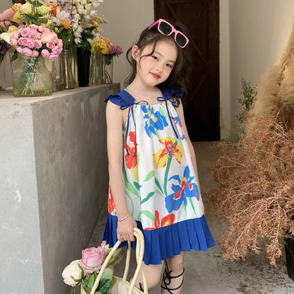 Girl Suspender Fluffy Dress Korean Style Summer Kids Flowers Printing Beach Princess Skirt Girls Breathable Knee-Length Dress