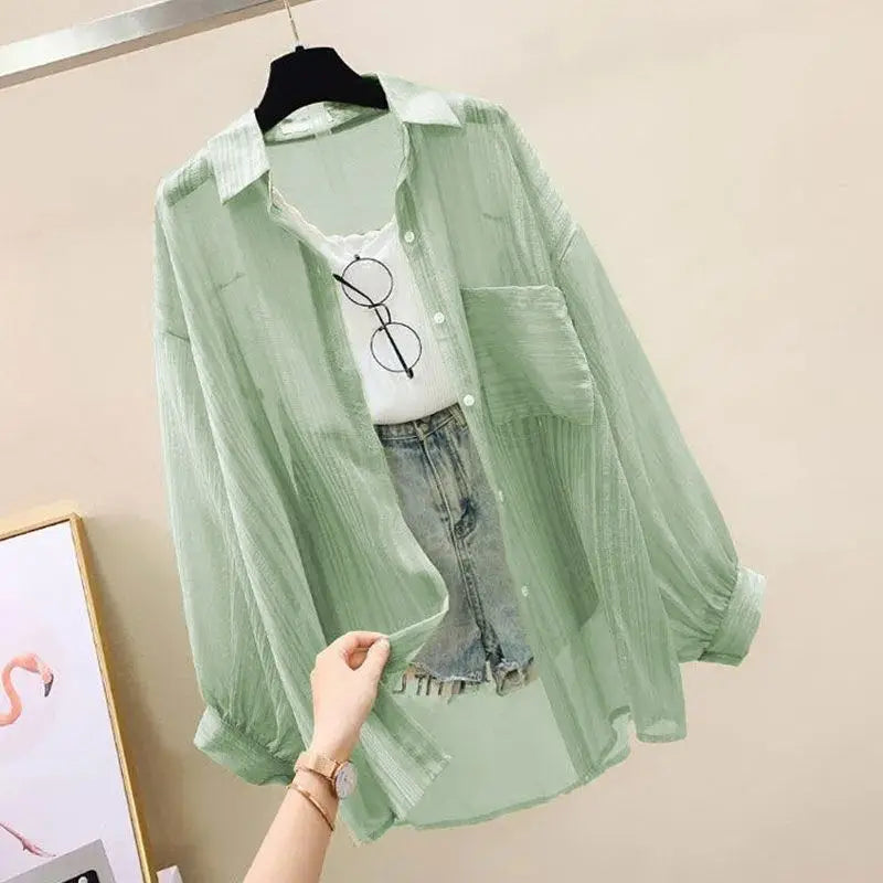 Summer Sunscreen Shirt Elegant Perspective Thin Chiffon Blouse Korean Harajuku See Through Loose Top Casual Women's Cardigan green