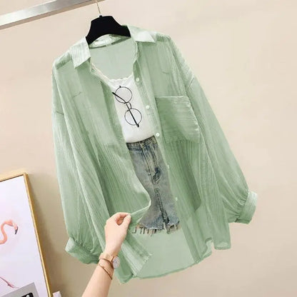 Summer Sunscreen Shirt Elegant Perspective Thin Chiffon Blouse Korean Harajuku See Through Loose Top Casual Women's Cardigan green