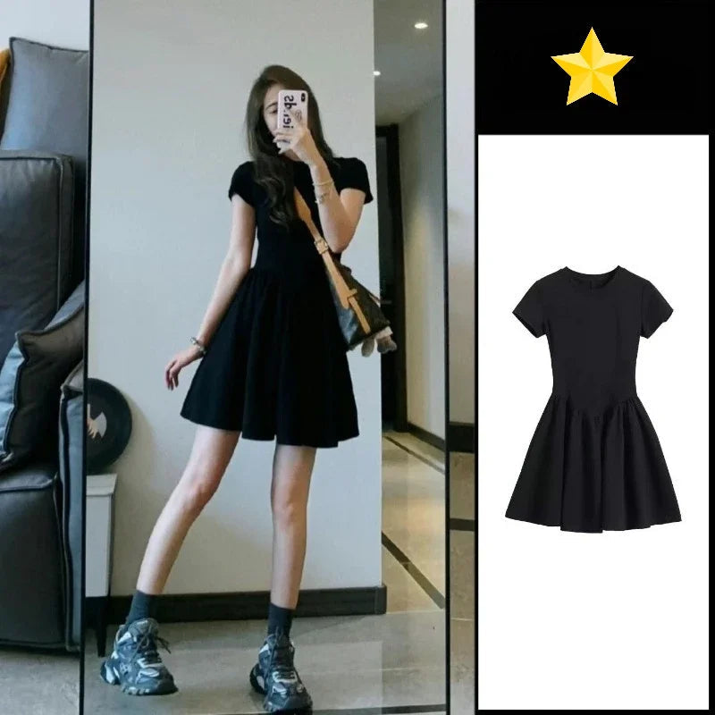Audrey Hepburn Inspired Chic Short Sleeve Dress 2025 Summer Petite Slimming Fit Sweet-Sexy Vibe Casual Elegant Women's Fashion Badiee Stylez