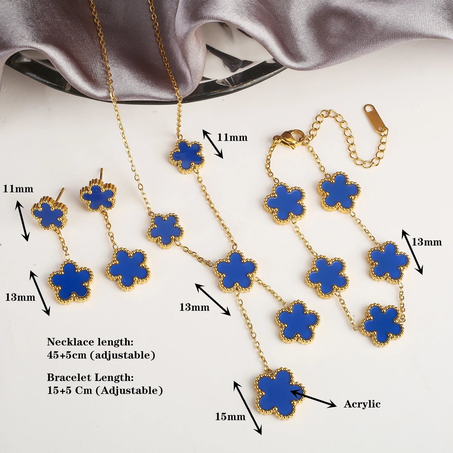 3Pcs Stainless Steel Hot Selling Gold Plated Clover Necklace Earrings Bracelet Jewelry Set Five Leaf Flower Jewelry For Women