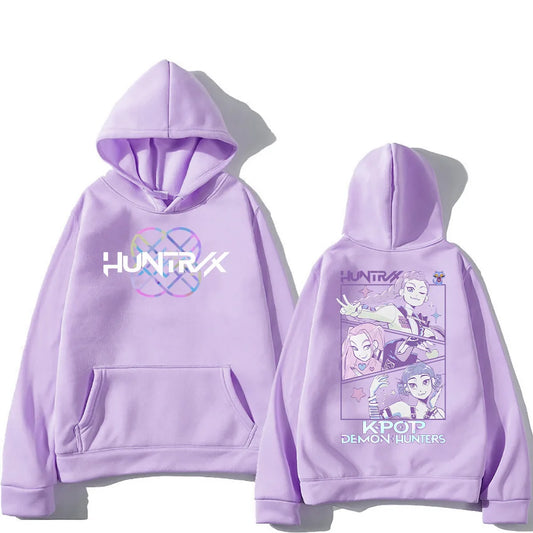 Kpop Demon Hunters Hoodies K-pop Cartoon Printed Sweatshirt Fashion Versatile Streetwear For Women Men Oversized Pullovers light-purple