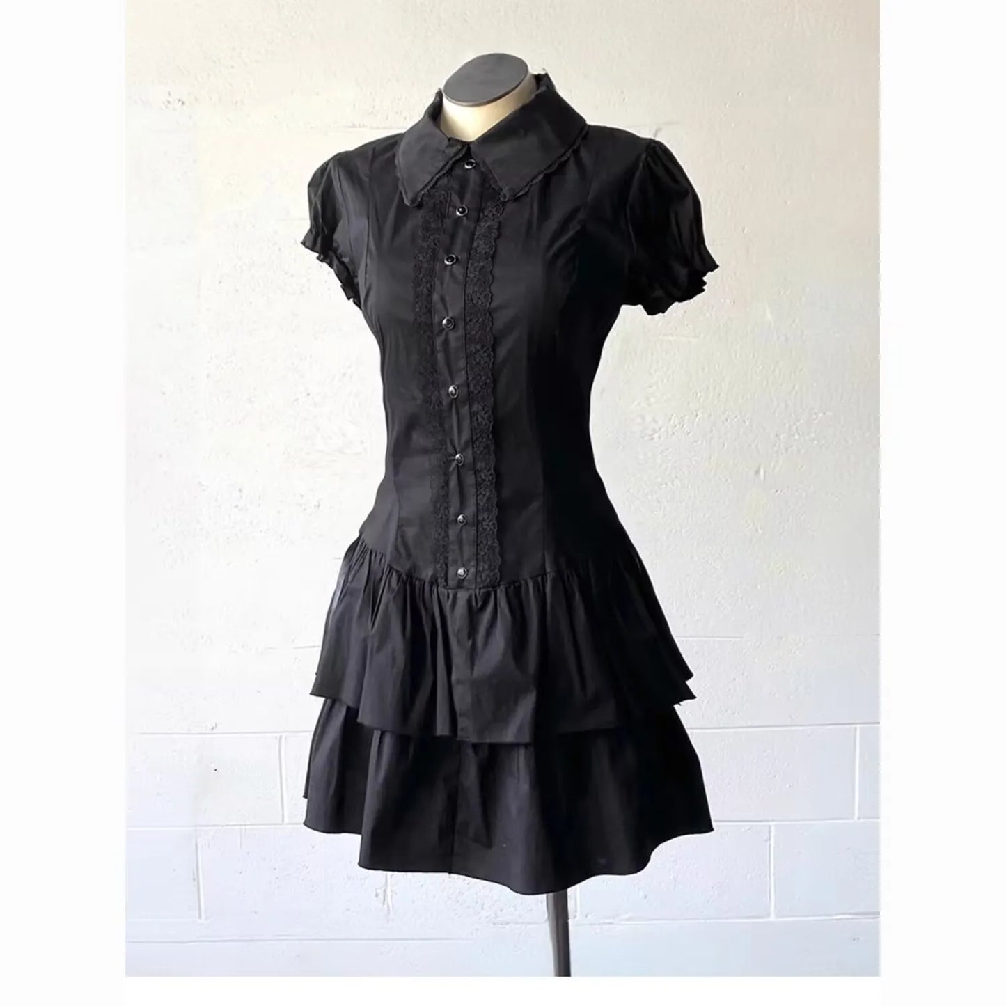Vintage Black Y2k Dresses Lace Shirt Dress for Women Slim Waist All-match Dresses Short Sleeve Vestidos De Mujer Summer Dress