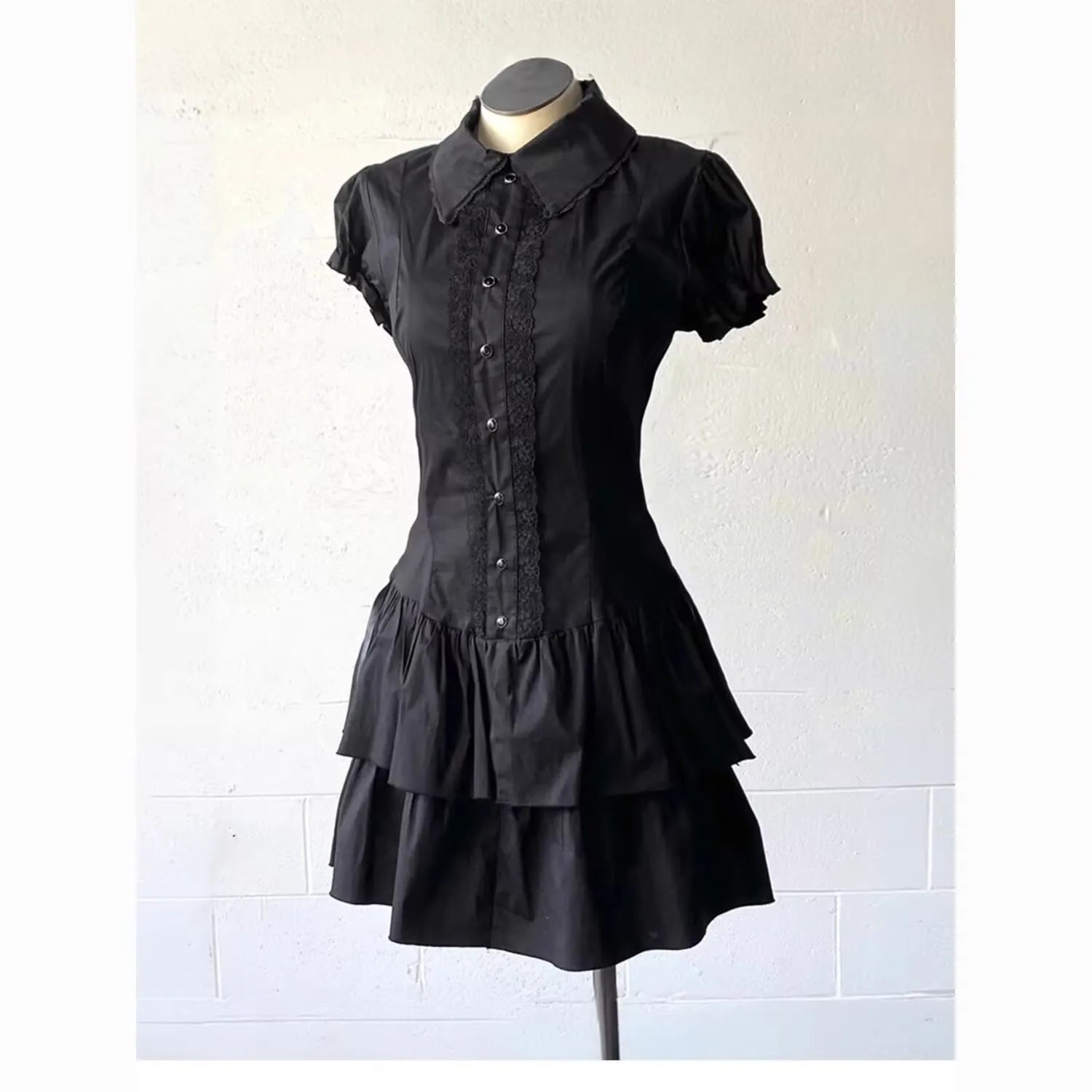 Vintage Black Y2k Dresses Lace Shirt Dress for Women Slim Waist All-match Dresses Short Sleeve Vestidos De Mujer Summer Dress