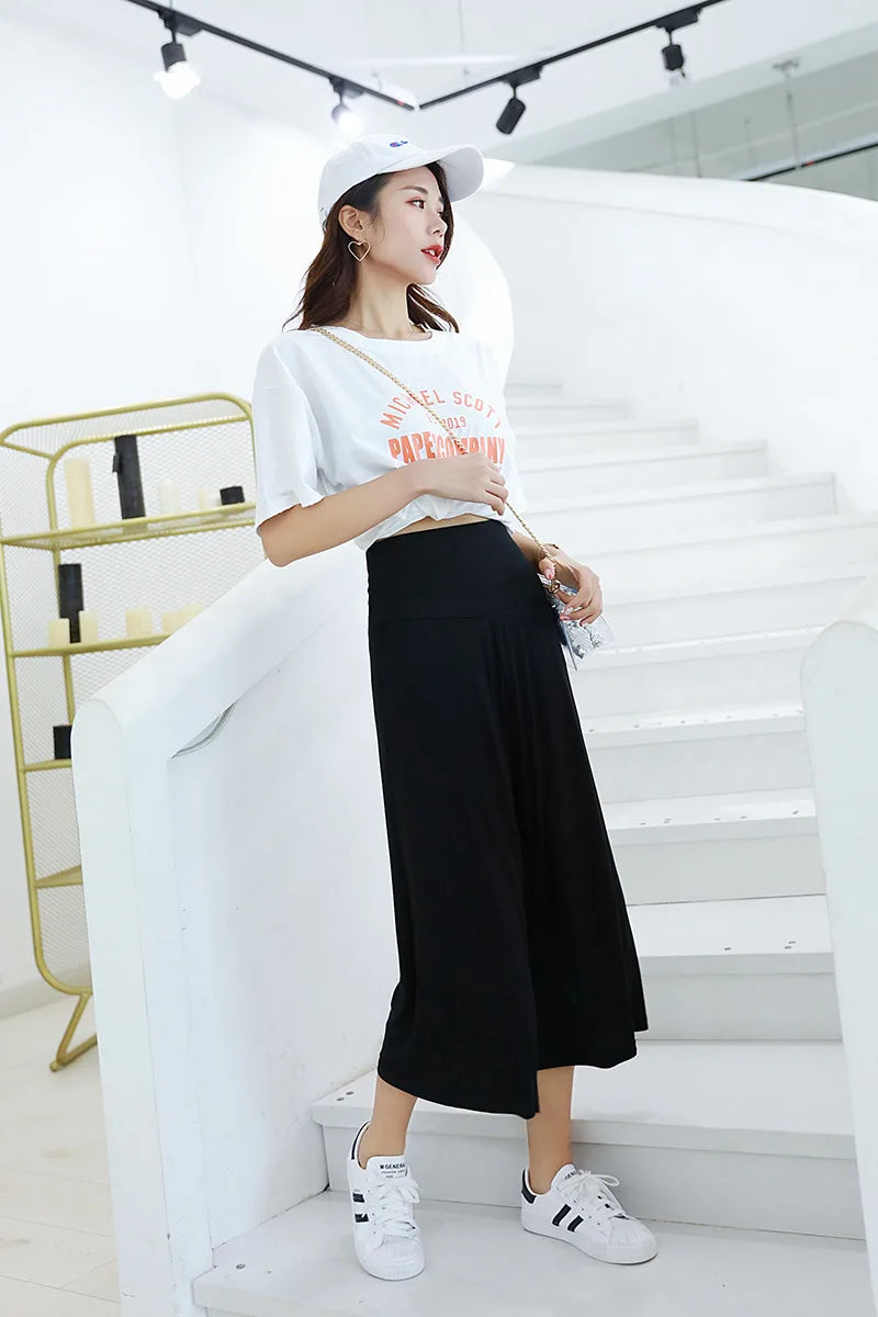Spring Summer Modal Wide leg pants calf length Loose Casual yoga pant Plus size High Waist three quarter Trousers All match