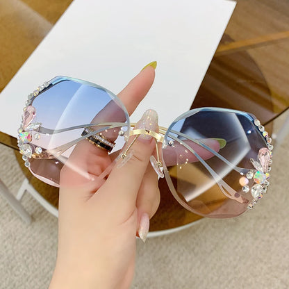 Women's New Diamond-encrusted Sunglasses Rimless Cut Edge Sunglasses Big Face Slimming Sunglasses Blue pink