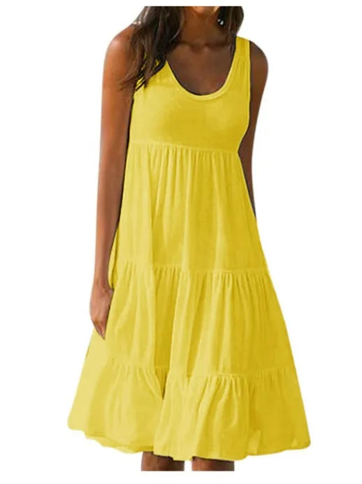 Women Causual O Neck Sleeveless Ruffles Mini Dress Boho Solid Beach Sundress Oversized Loose Dress 2023 Summer