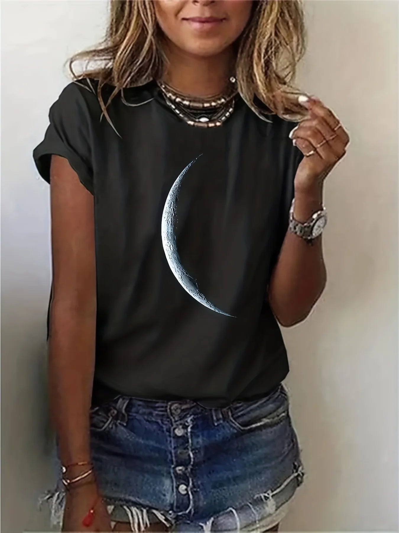 Plus Size Casual T-shirt Women's Plus Moon Print Short Sleeve Round Neck Slight Stretch T-shirt DM116