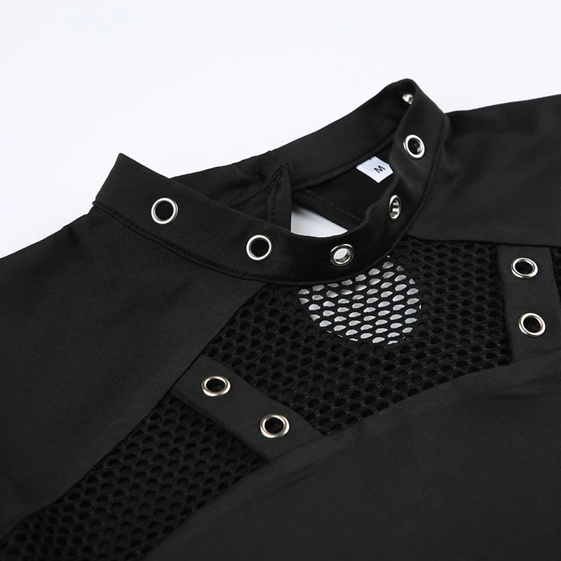 CIBBAR Gothic Black Crop Top Chic See Through Mesh Patchwork Full Sleeve Skinny Basic T-shirt Women Punk Style Stitched T Shirts