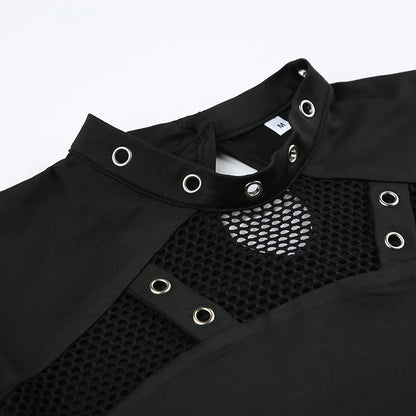 CIBBAR Gothic Black Crop Top Chic See Through Mesh Patchwork Full Sleeve Skinny Basic T-shirt Women Punk Style Stitched T Shirts