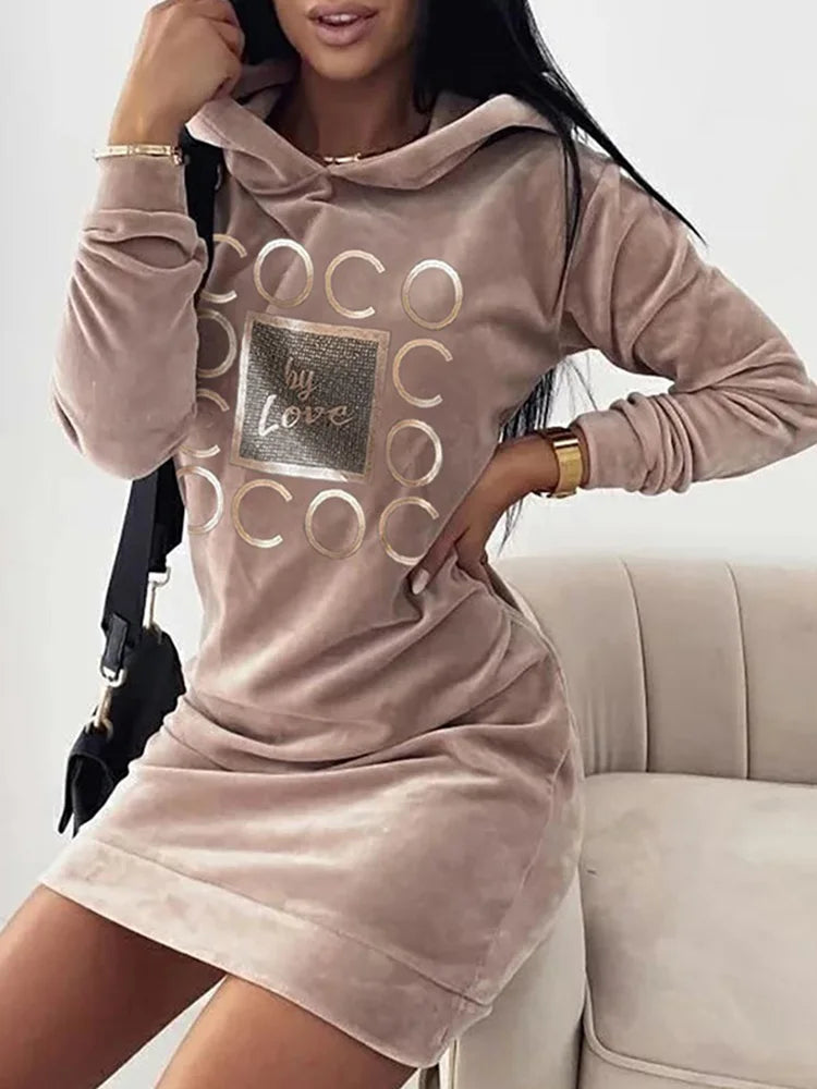 Women Long Sweater Dresses LOVE Print Hooded Loose High Collar Sweatshirts Long Sleeve Pullover Fall Winter Y2K Street Style Top Badiee Stylez