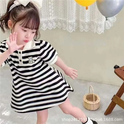 Girls Stripes Dresses Spring Autumn Kids Short Sleeve Polo Neck Sweatshirt Dress Teen Fashion T-Shirt Dress Clothes 2-10 Years Black