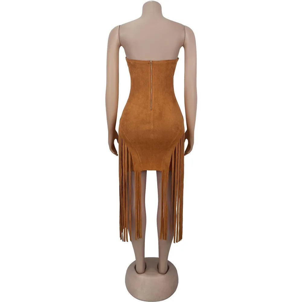 RLMABABY Sexy Strapless Tassel Bodycon Mini Dress Women Gown Slim Backless Sleeveless Metal Buckle Club Party Sheath Short Dress