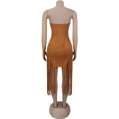 RLMABABY Sexy Strapless Tassel Bodycon Mini Dress Women Gown Slim Backless Sleeveless Metal Buckle Club Party Sheath Short Dress