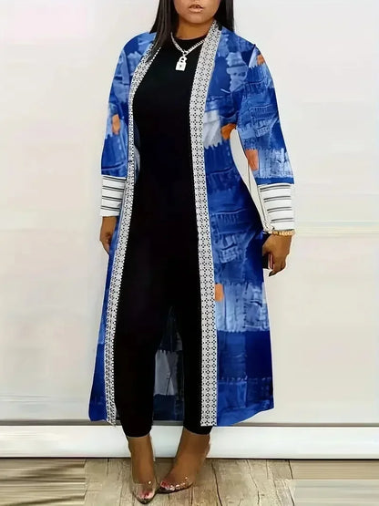 Plus Size 1XL-5XL Women's Long Jacket Casual Printed Cardigan Jacket Spring and Autumn Long Sleeved Fashionable Jacket Blue