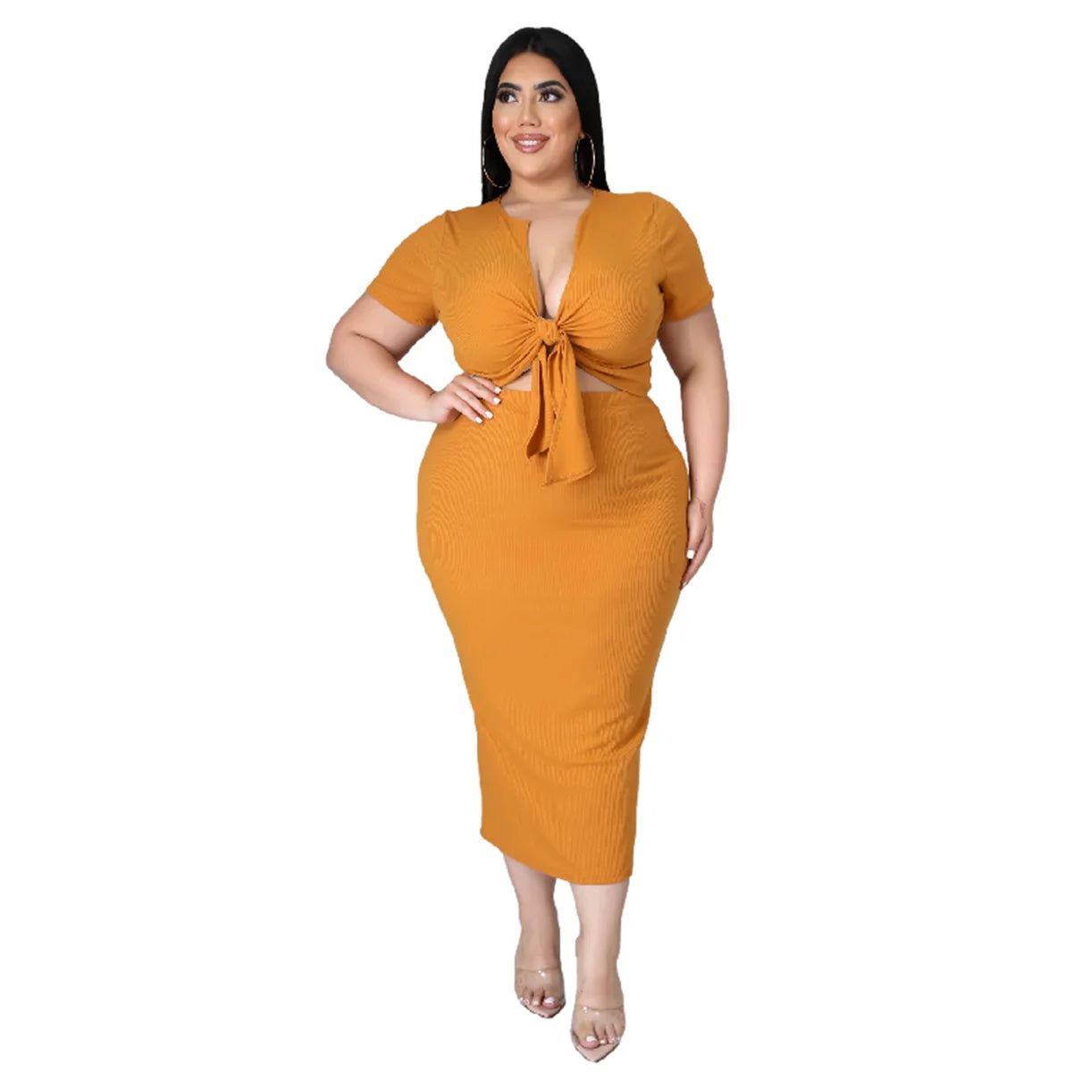 Plus Size New Arrival Fashional Women's Top and Skirt Suit Big Size V Neck Short Sleeve Casual Top ansd Skirt Set For Women Gold