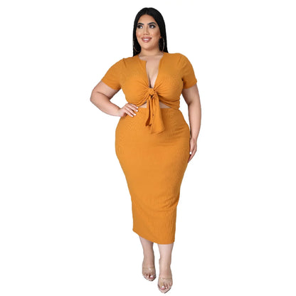 Plus Size New Arrival Fashional Women's Top and Skirt Suit Big Size V Neck Short Sleeve Casual Top ansd Skirt Set For Women Gold