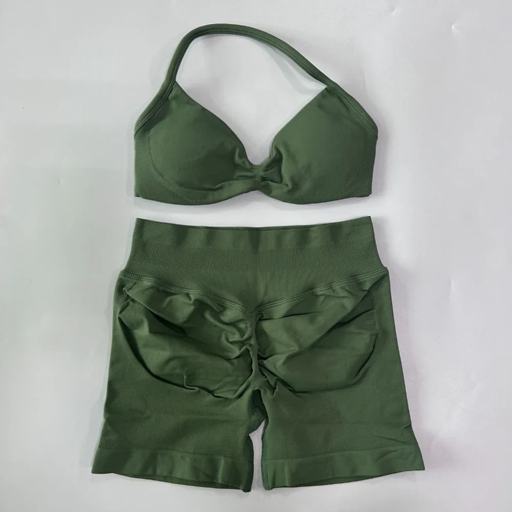 NO LOGO 2PCS Gym Set Women Strappy Yoga Bra Top High Waist Workout Scrunch Shorts Sports Suit Seamless Yoga Set Fitness Clothes Badiee Stylez