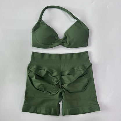 NO LOGO 2PCS Gym Set Women Strappy Yoga Bra Top High Waist Workout Scrunch Shorts Sports Suit Seamless Yoga Set Fitness Clothes Badiee Stylez