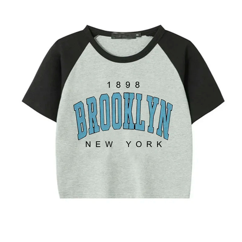Women Brooklyn 1898 Letter Print Crop Tops Y2k T Shirt Harajuku Cropped Tshirt Funny Graphic T-shirt Korean Style Clothes Female 405
