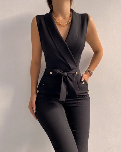Women Casual V Neck Jumpsuits Button Lace Up Sleeveless Wide Leg Pants Streetwear Overalls Jumpsuit Women black