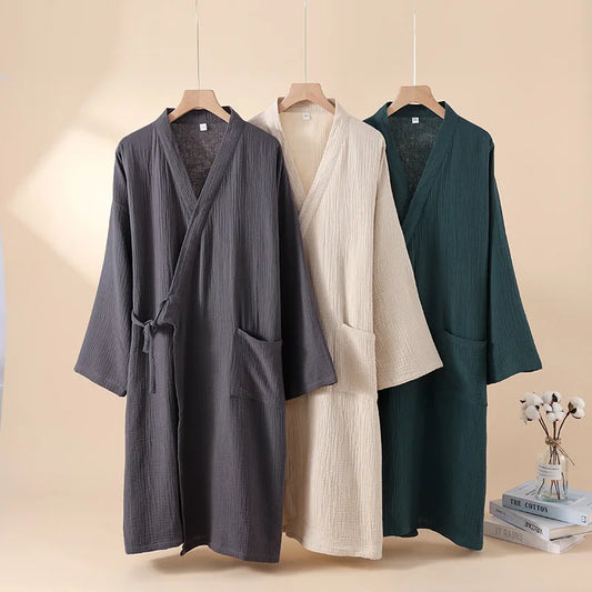 2025 Japanese New Spring/Summer Couple Kimono Robe 100% Cotton Crepe Cloth Men's and Women's Bathrobe Thin Home Sleeping Robe