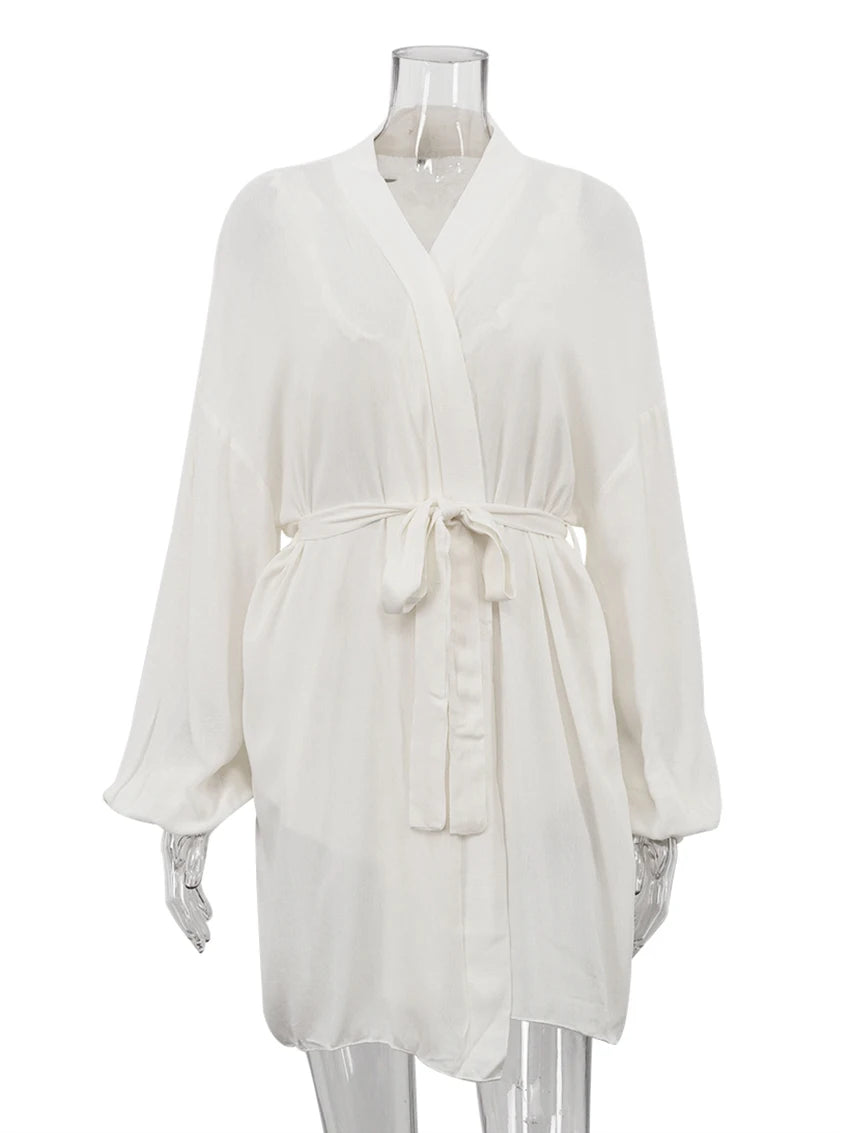 Marthaqiqi Casual Women Nightgowns Set V-Neck Sleepwear Long Sleeve Robe Underwear Shorts White Loose Ladies Pajama 3 Piece Suit