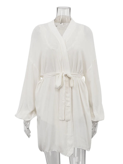 Marthaqiqi Casual Women Nightgowns Set V-Neck Sleepwear Long Sleeve Robe Underwear Shorts White Loose Ladies Pajama 3 Piece Suit