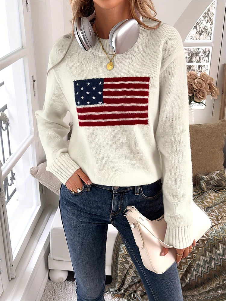 Plus Size Women Fashionable Loose Casual All-Match Sweater With Flag Print Flag Graphic Long Sleeve Sweater Knit White