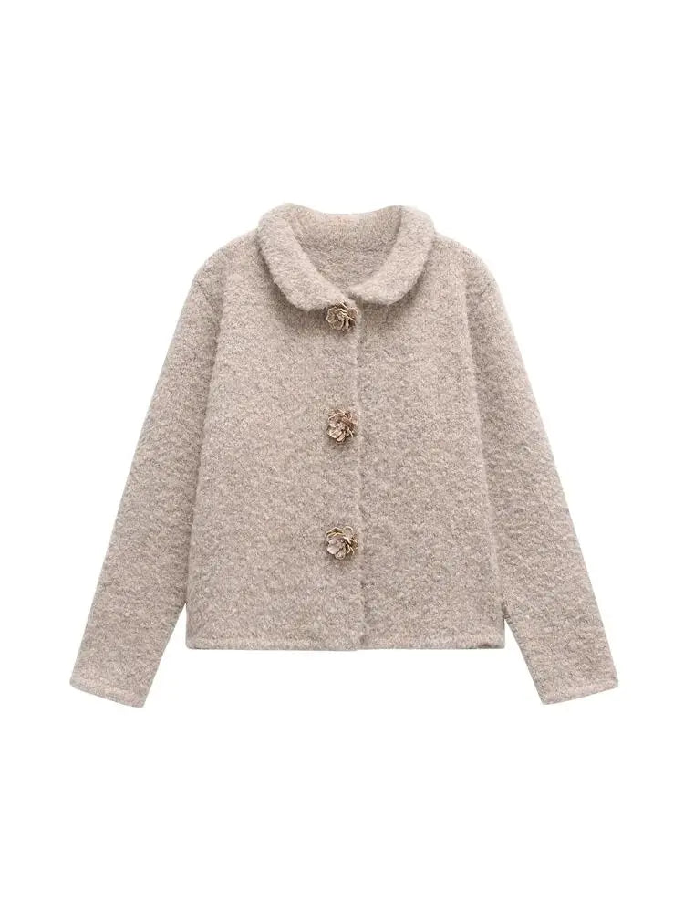 TRZA Women's Floral Button Knit Cardigan Sweater Lapel Collar Long Sleeve Chic Outerwear Fashion Top