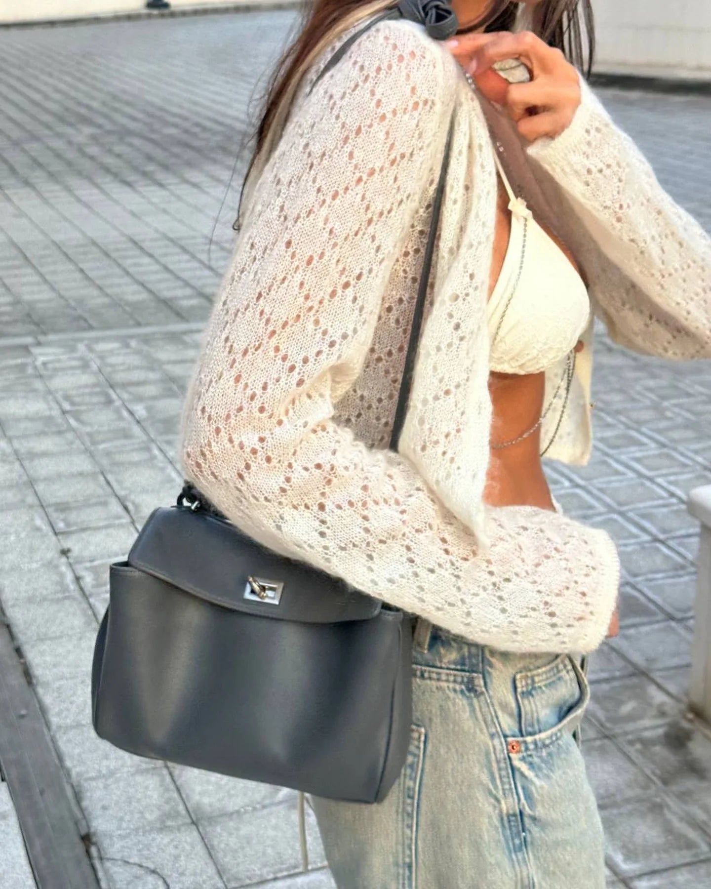 Tossy Summer Knitwear Hollow Out Cardigan Female Long Sleeve Casual Cropped Top Patchwork See-Through Knit Cardigan Outwear 2025