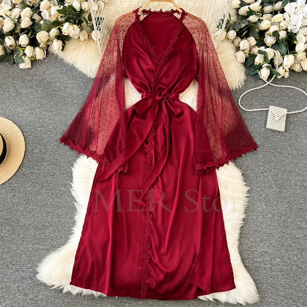 Sexy Embroider Edge Lady Kimono Bathrobe Dress Gown Mesh Sleeve Wedding Long Robe Sleepwear Loose Silk Satin Nightwear Lingerie
