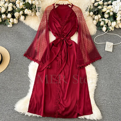 Sexy Embroider Edge Lady Kimono Bathrobe Dress Gown Mesh Sleeve Wedding Long Robe Sleepwear Loose Silk Satin Nightwear Lingerie