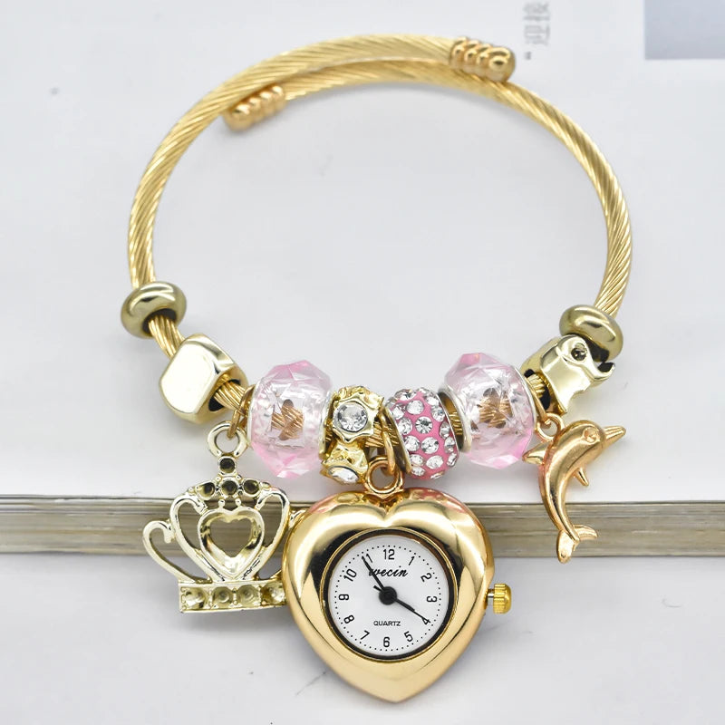 Women's Bracelet Watch Love With Stylish Decor Refined Round Quartz Watch Casual Elegance