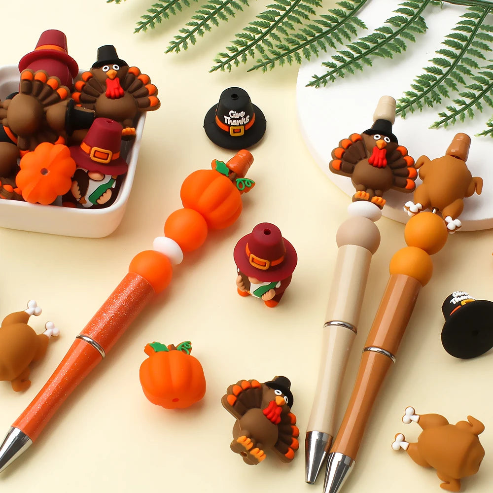 5/10/20pcs Thanksgiving Silicone Beads 3D Pumpkin Turkey Focal Beads for Jewelry Lanyards Keychain Bracelet Making Pen Decor