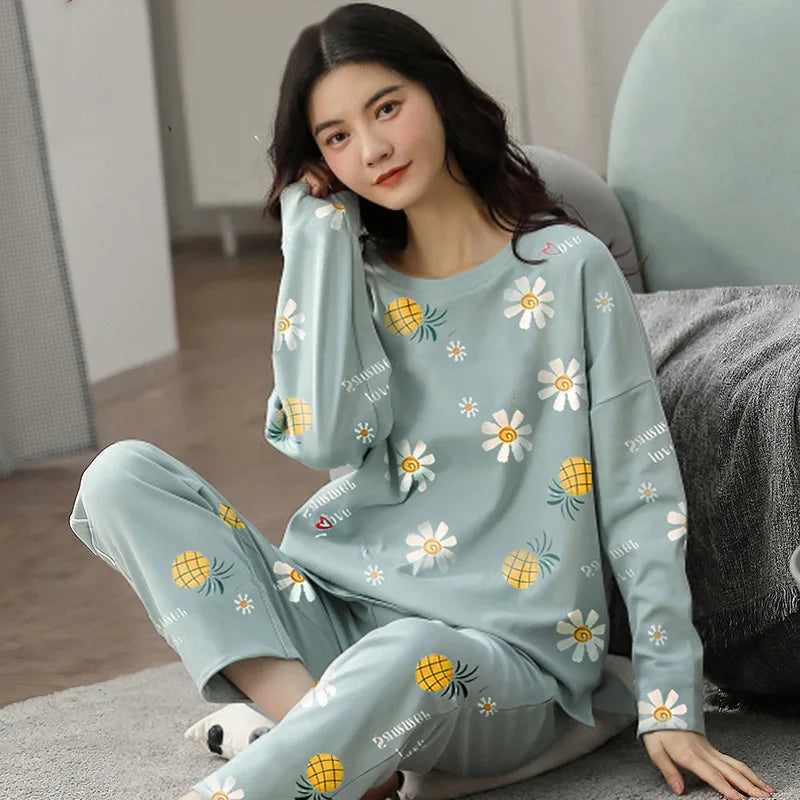 New Ladies Pajamas Loungewear Set Women's Spring and Autumn Style Long Sleeved Autumn Winter Loungewear Women's Plus Size Pajama Blue