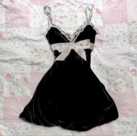 Sweet Korean Aesthetic Y2K Women Dress Classic Halter Bow Girl Tide Cute Sundress Casual Harajuku Vintage Slim Chic Frock Mini Black 3