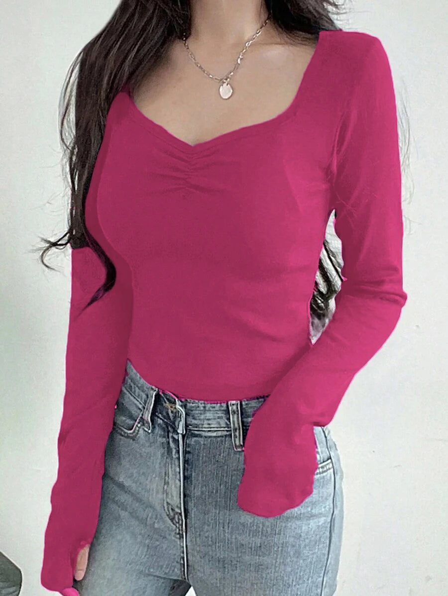 Women Long Sleeve Tops - Sexy Going Out Sweetheart V Neck Basic Shirts Tight Slim Fall Trendy Clothing