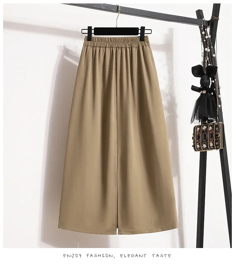2025 Summer Female Fashionable Versatile Solid Skirts High Waisted Mid Length A-line Plus Size Skirt Split Wrap Body Skirt