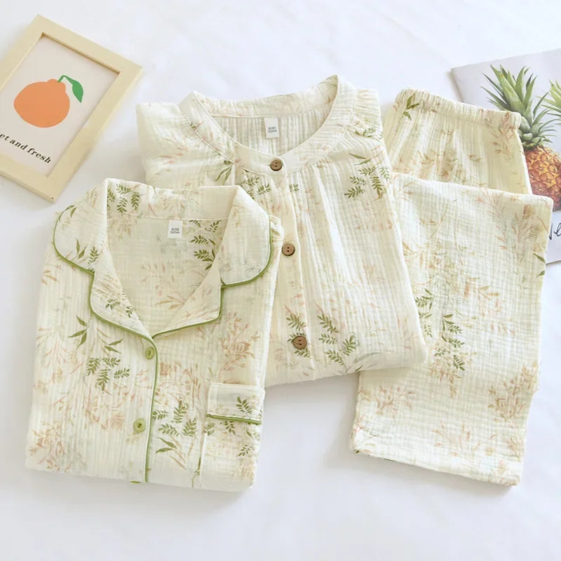 2025 New Spring and Autumn Women's Pajama Set 100% Cotton Crepe Printed Long Sleeve Pants Two Piece Home Suit Set Sleepwear