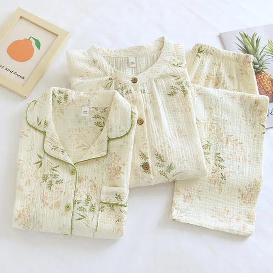 2025 New Spring and Autumn Women's Pajama Set 100% Cotton Crepe Printed Long Sleeve Pants Two Piece Home Suit Set Sleepwear