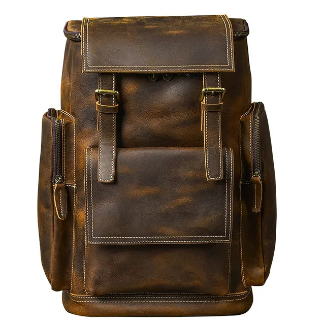 Vintage Crazy Horse Genuine Leather Backpack Men Leather Bagpack Climbing Rucksack male Large Hiking Backpack M814 Dark Coffee
