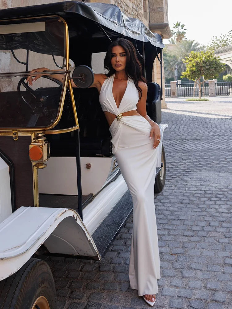 Solid Maxi Halter Dress For Women Fashion Sexy Streetwear Sleeveless Hollow Out V-Neck Sheath Long Vestidos Robe Female Slim Fit