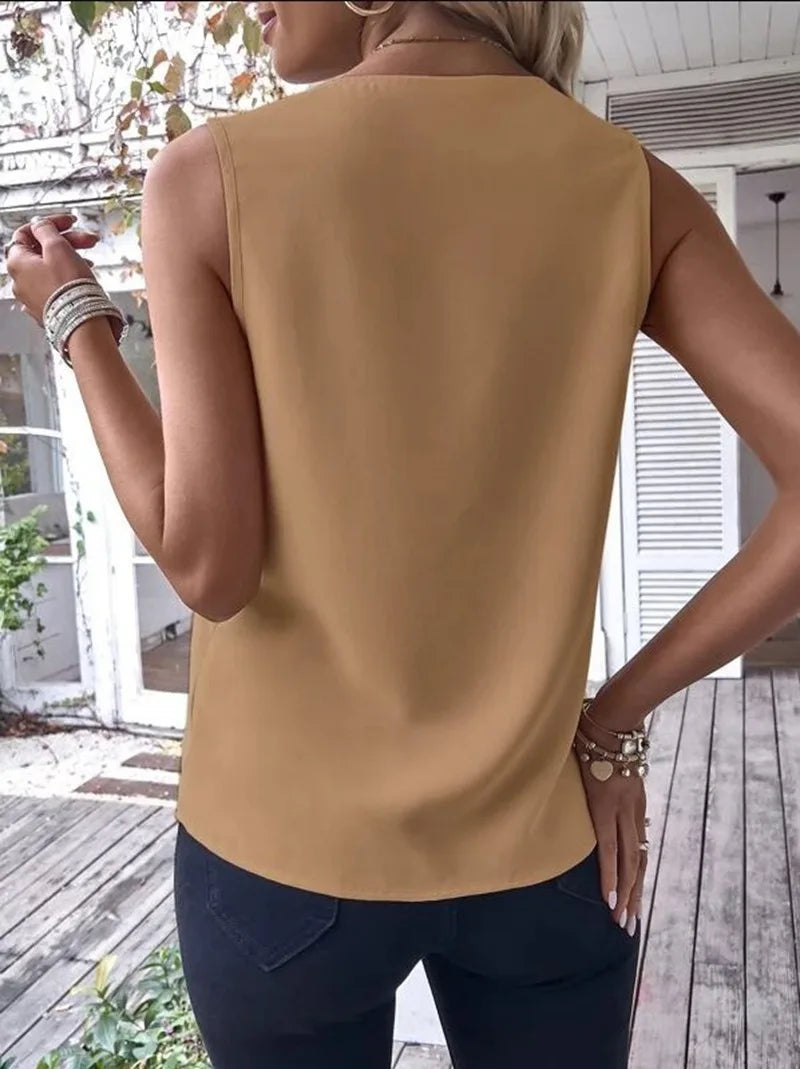 Fashion Sleeveless V-neck Tank Top Women Solid Casual Blouse Shirt 2023 Summer Elegant Office Womens Tops And Blouses