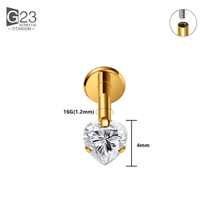 1/10PCS ASTM F136 Titanium 16G Heart CZ Threaded Labret 3mm/4mm CZ Cartilage Tragus Helix Nose Stud Piercing Jewelry 1Pc Gold 4mm CZ